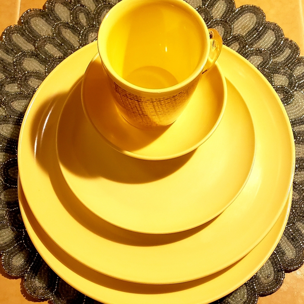 STETSON Melmac Yellow Set w/Raffia Ware Cup VTG MCM